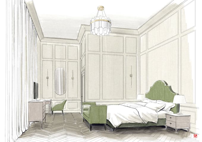 make bedroom interior illustration, sketch