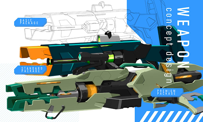 draw mecha helmet, weapon, armor concept