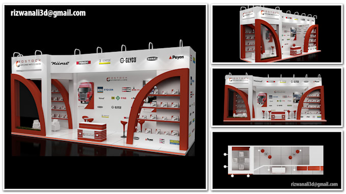 create 3d design of exhibition stall from concept