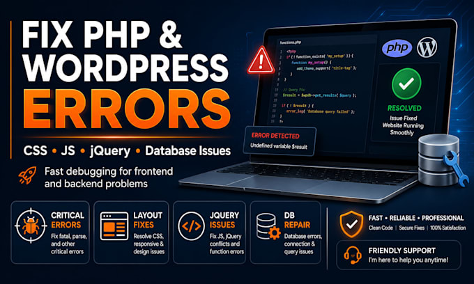 fix wordpress, PHP, css, js, jquery, and database bugs