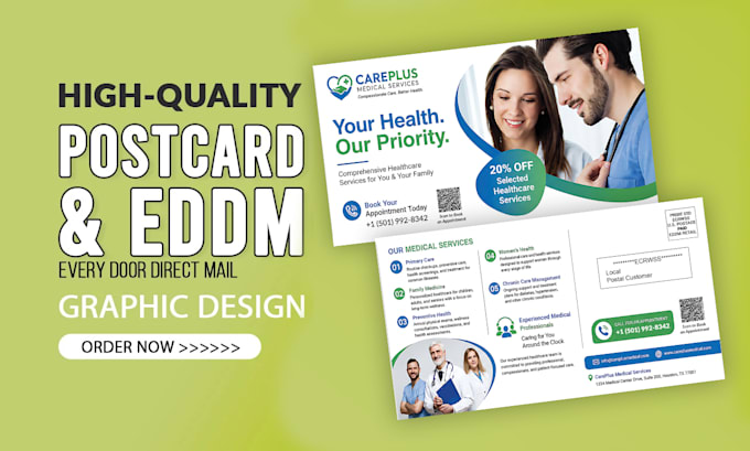 design medical, dental, health care, home care postcard, eddm, flyer in 24h