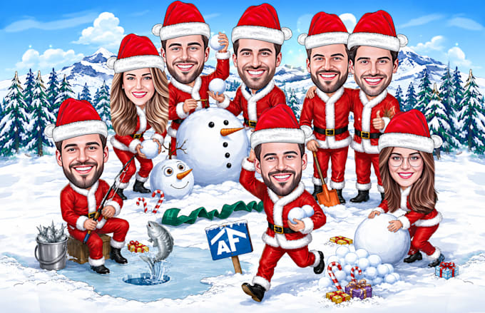 create a christmas caricature, holiday card, winter cartoon