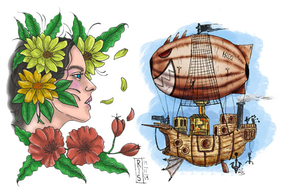 draw illustration for books, caricature, double exposure