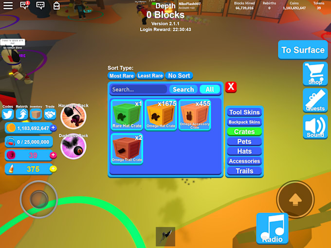 Give You Omega Hat Crates In Mining Sim By Nikoflash007