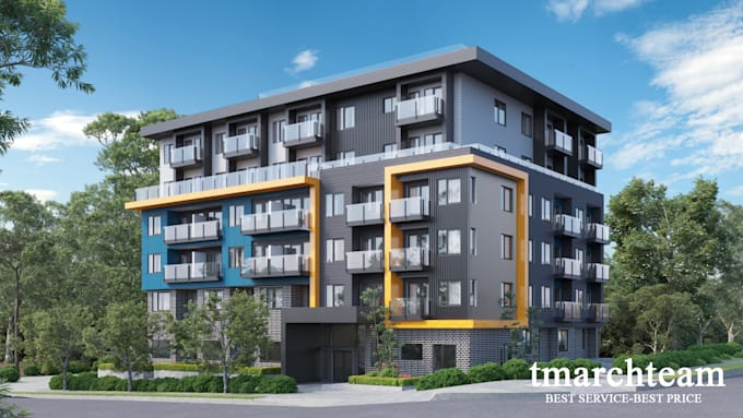 create 3d model and render one exterior view with landscape