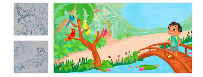 create full color hand drawn children book illustrations