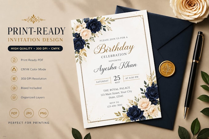 design a custom invitation card for birthday wedding and any event