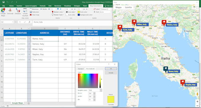 built excel sheets with google maps leaflet taskpane integration