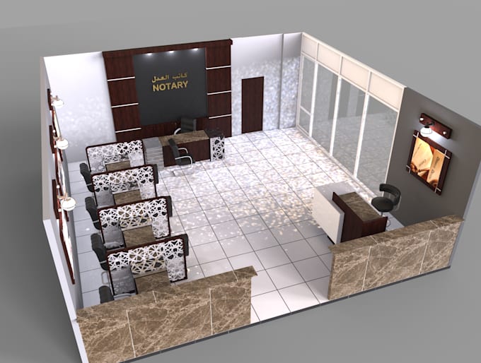 create stage and render exhibit stand, booth, kiosk ,office interior