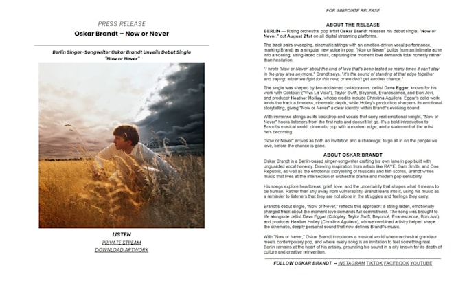write your music press release or artist bio professionally