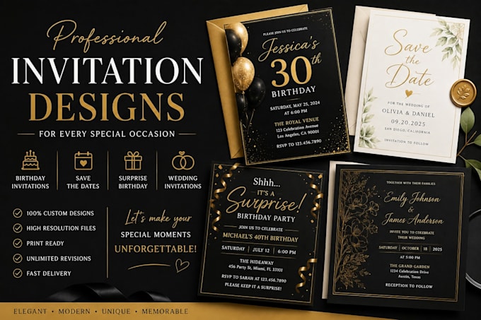 design professional birthday, wedding, and party invitations