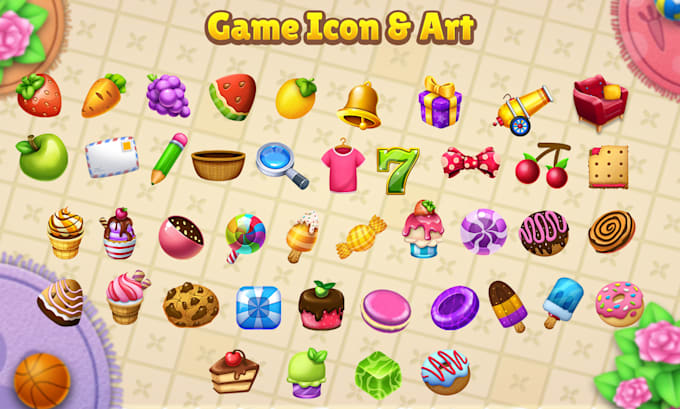 create 2d game art assets, icons, props, and UI