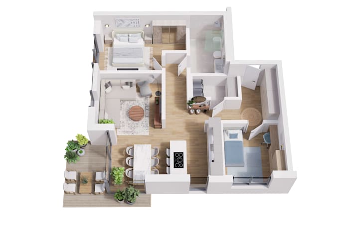 create a 3d floor plan with texture and furniture