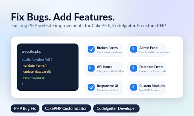 fix PHP cakephp codeigniter bugs and features