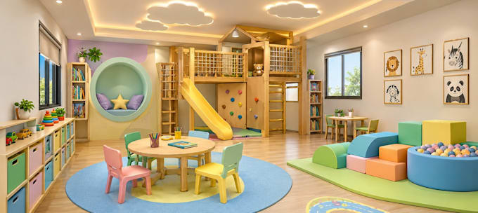 create a custom interior design and kids playroom 3d render