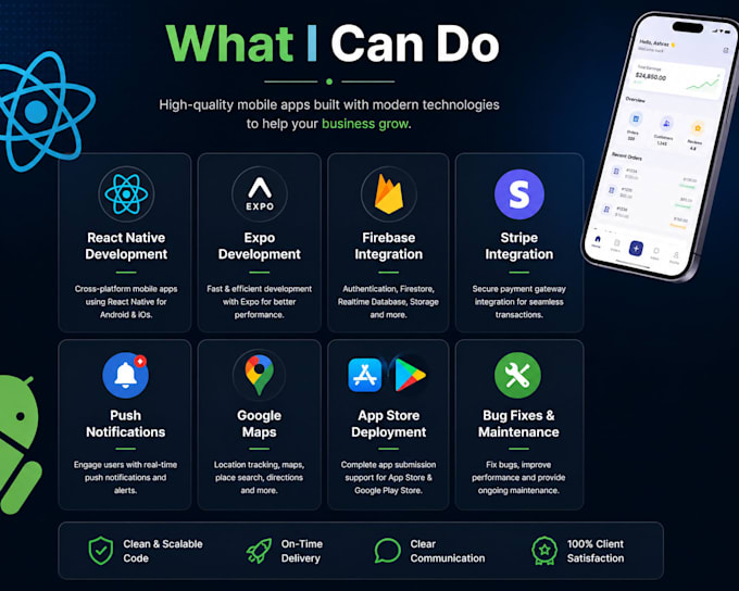 develop a react native mobile app for android and ios