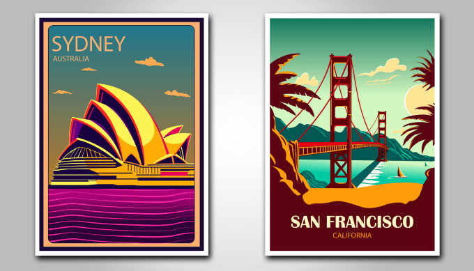 create illustrated vintage retro poster or flyer for travel art deco wall art