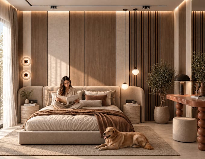 design a modern bedroom interior with realistic 3d renders