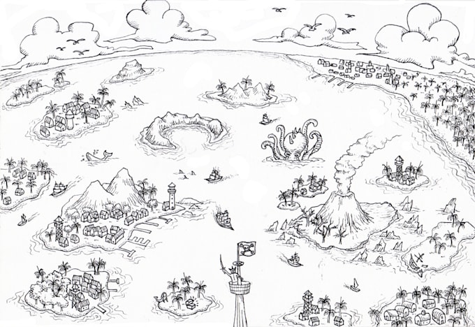 create unique fantasy map entirely by hand drawn on paper