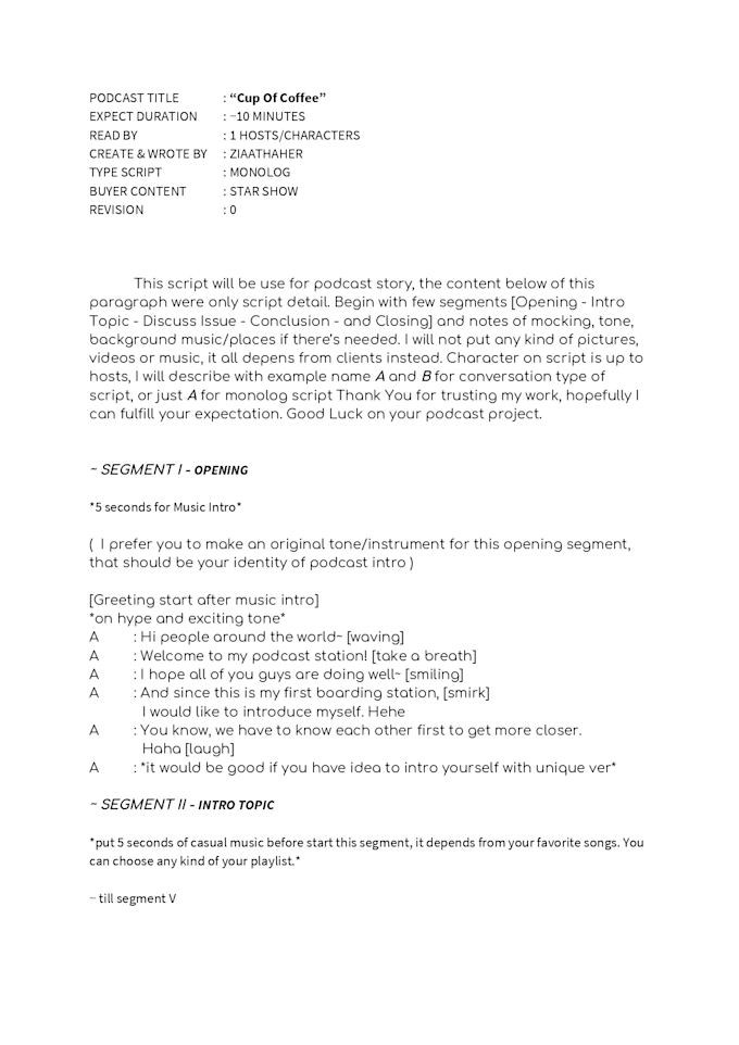 write details a genuine and unique script for your podcast
