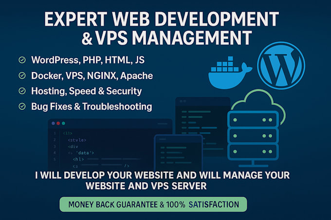do company website development, vps management, wordpress, PHP, docker, nodejs