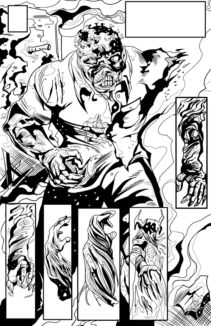create a comics pages illustration,dark,horror,monster
