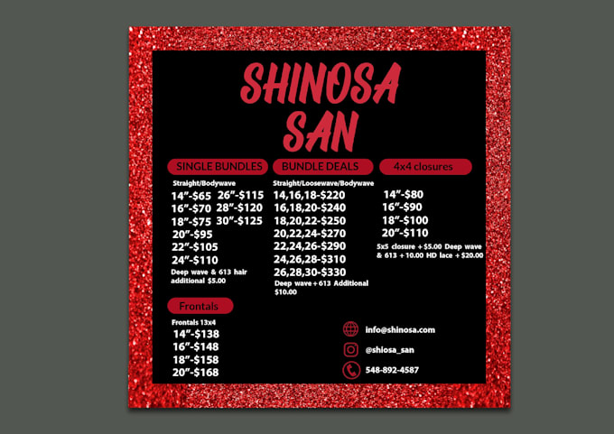 design salon, hair extension price list or menu