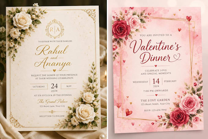 design custom wedding invitation, birthday card, or valentine invite