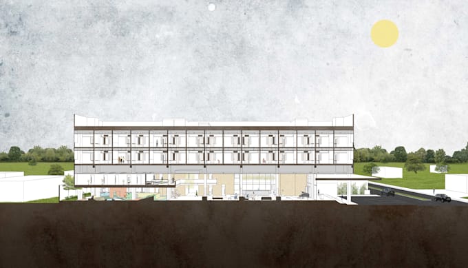 render plans, section, elevation with collage style