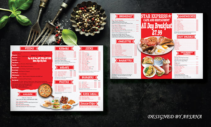 restaurant menus, digital menu screens, and food flyers