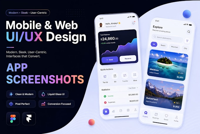 do modern app ui ux design and app store screenshots in figma
