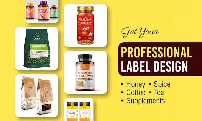 professional product label design, honey label, spice label, coffee packaging