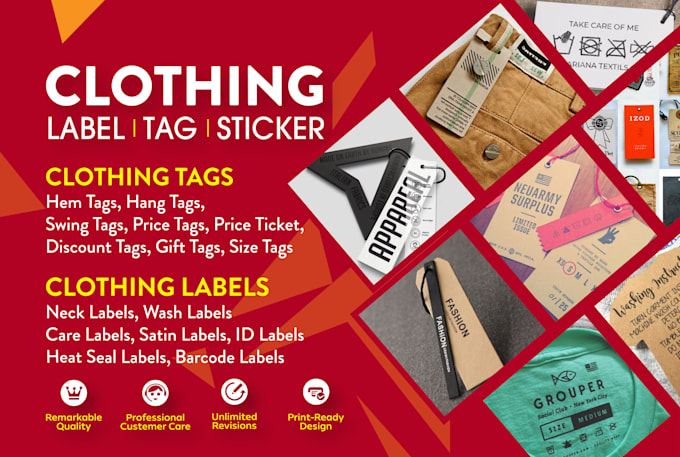 design clothing label, neck label, care label, sticker, hang tag   or swing tag