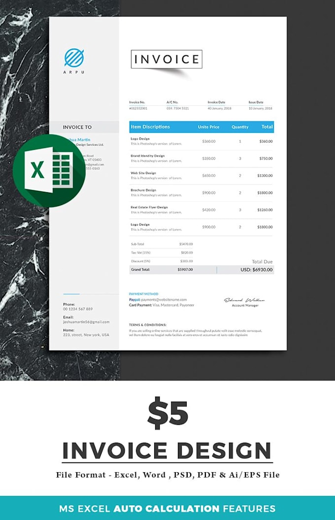 Create a custom and auto calculated invoice design in excel by ...