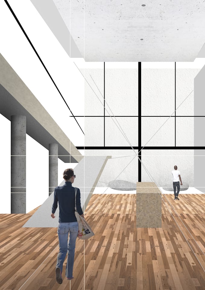 render 3d interior visualization with collage style
