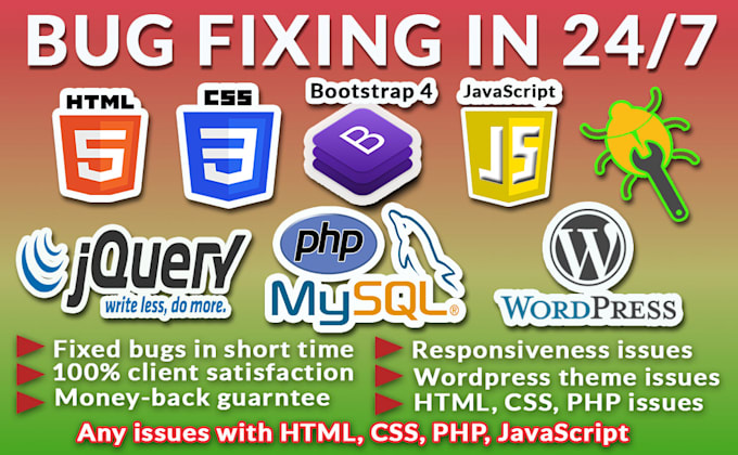 Fix html css bootstrap php wordpress bug or errors fixing by ...
