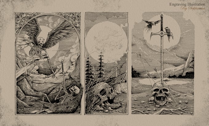 draw dark art illustration with vintage engraving style