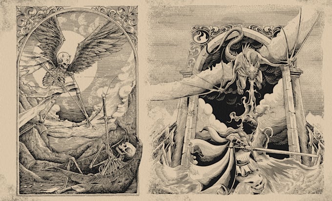 draw dark art illustration with vintage engraving style