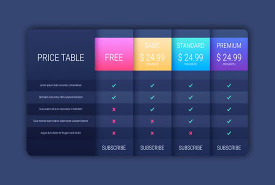 design a modern and eye catching PSD pricing tables