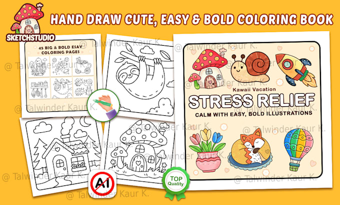 draw cute line art illustration for bold easy coloring book