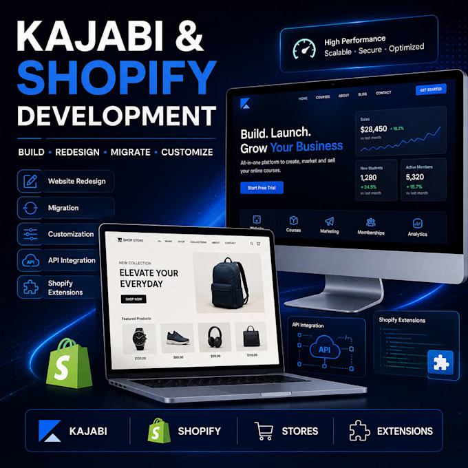 build, redesign, migrate, customize website, store in kajabi, shopify, extension