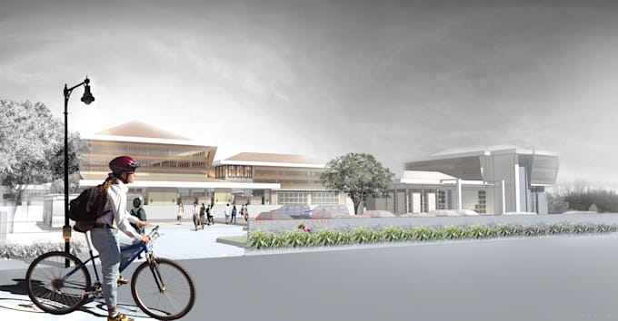 render 3d architectural visualization with collage style in photoshop