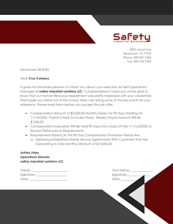 write job offer, termination, rejection,  acceptance letters