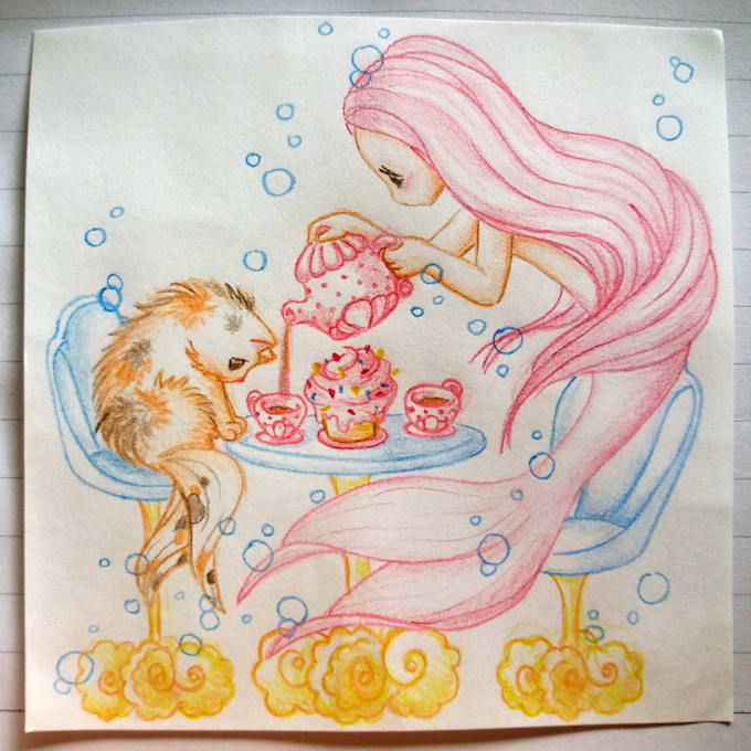 draw a cute, kawaii, colored pencils illustration
