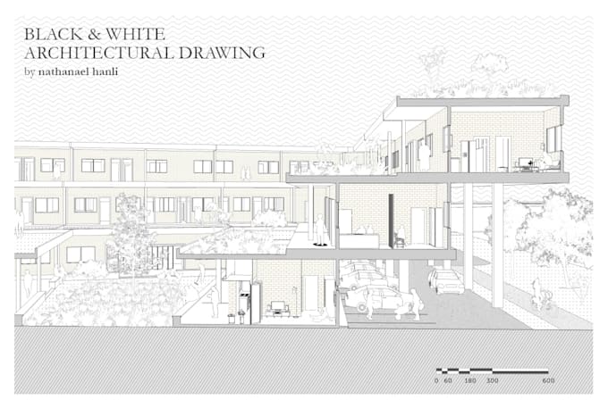 render architecture design plan, section, elevation as black and white model