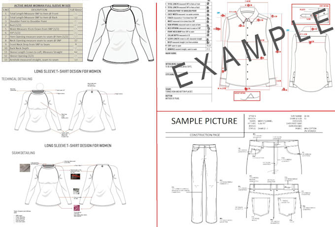 Fashion tech pack size spec sewing pattern embroidery digitizing by