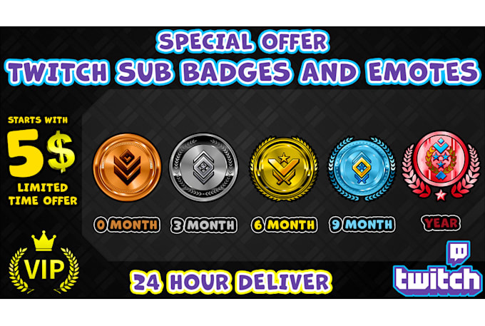 design twitch sub badges, twitch emotes, twitch badges