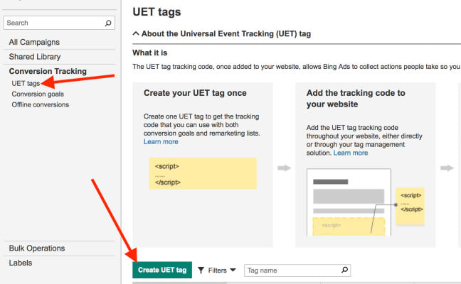install microsoft bing ads conversion uet tag for tracking