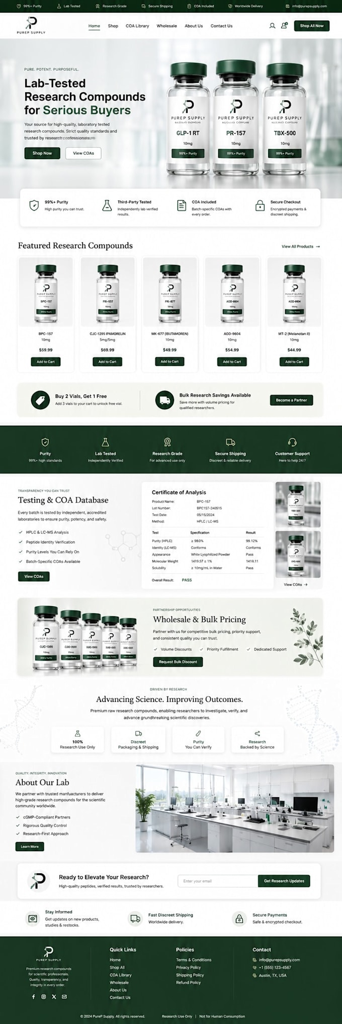 build fda compliant peptide website or research peptide store using elementor