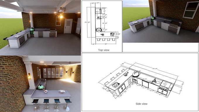 design your 3d outdoor kitchen with measurements plan and appliances, backyard